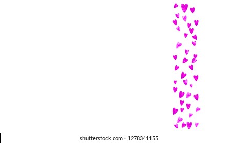 Valentines day card with pink glitter hearts. February 14th. Vector confetti for valentines day card template. Grunge hand drawn texture. Love theme for voucher, special business ad, banner.