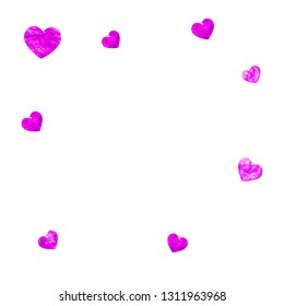 Valentines day card with pink glitter hearts. February 14th. Vector confetti for valentines day card template. Grunge hand drawn texture. Love theme for special business offer, banner, flyer.