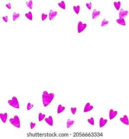 Valentines day card with pink glitter hearts. February 14th. Vector confetti for valentines day card template. Grunge hand drawn texture. Love theme for poster, gift certificate, banner.