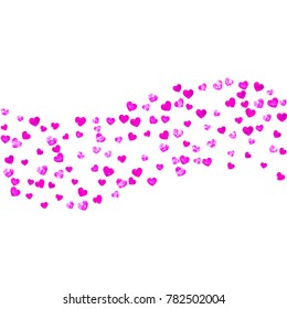 Valentines day card with pink glitter hearts. February 14th. Vector confetti for valentines day card template. Grunge hand drawn texture. Love theme for poster, gift certificate, banner.