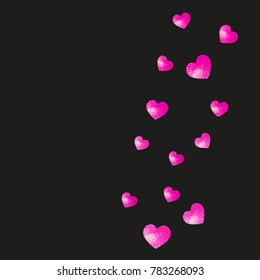 Valentines day card with pink glitter hearts. February 14th. Vector confetti for valentines day card template. Grunge hand drawn texture. Love theme for gift coupons, vouchers, ads, events.