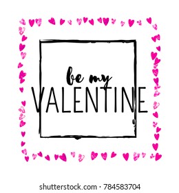 Valentines day card with pink glitter hearts. February 14th. Vector confetti for valentines day card template. Grunge hand drawn texture. Love theme for party invite, retail offer and ad.