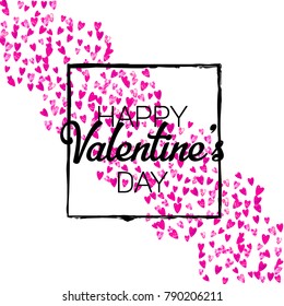 Valentines day card with pink glitter hearts. February 14th. Vector confetti for valentines day card template. Grunge hand drawn texture. Love theme for poster, gift certificate, banner.