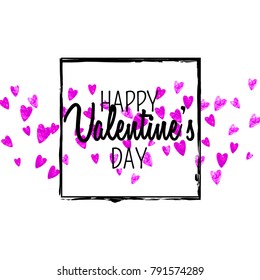 Valentines day card with pink glitter hearts. February 14th. Vector confetti for valentines day card template. Grunge hand drawn texture. Love theme for poster, gift certificate, banner.