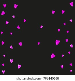 Valentines day card with pink glitter hearts. February 14th. Vector confetti for valentines day card template. Grunge hand drawn texture. Love theme for party invite, retail offer and ad.