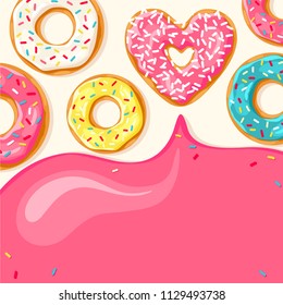 Valentine's Day card. Pink heart and white  blue mint and yellow lemon donut. Pink glaze flows down from donuts.