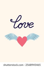 Valentine's Day Card with pink Heart and blue wings. Simple cute greeting card on beige background. Vector illustration.