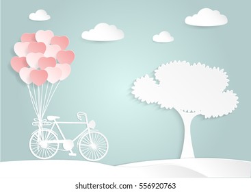 Valentine's Day Card With Pink Heart Shape Balloons Tiding With Bicycle In The Outdoor Park, Paper Art Design
