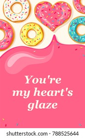 Valentine's Day card. Pink heart and white  blue mint and yellow lemon donut. Pink glaze flows down from donuts. You're my heart glaze