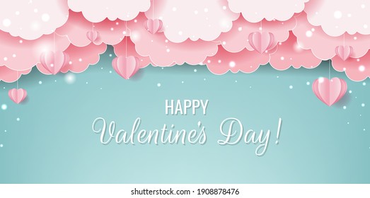 Valentines Day Card With Pink Hearts Background With Clouds With Gradient Mesh, Vector Illustration