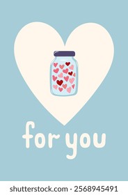 Valentine's Day Card with Pink hearts inside glass jar. Simple cute greeting card. Vector illustration.