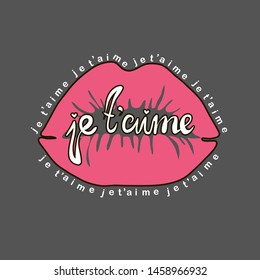 Valentine's day card with pink lipstick kiss and white typography lettering phrase je t'aime on the gray background. Сalligraphy inscription "je t'aime" and lips. I love you in french. 