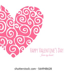 Valentines Day card with pink ornate heart and congratulatory text. Valentines card made of hand-drawing.