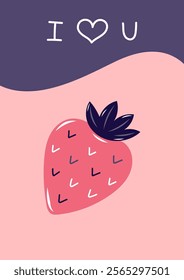 Valentine's Day Card with Pink strawberry. Simple cute greeting card. Vector illustration.