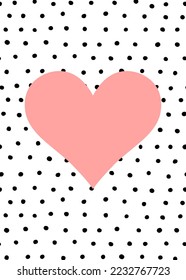 Valentines Day card. Pink symmetric heart on black and white dot background. Sign of love, romance, feelings, relationships. Copy space. Vector point illustration for weddings, prints, congratulations