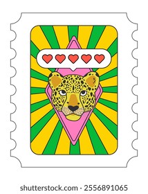 Valentines day card. Playful Colorful print with leopard and Hearts, ray background. Mystical stamp vibe. Simple shapes, gambling. Funny prints. love mood. Cult aesthetics. Magic Vibrant Design 