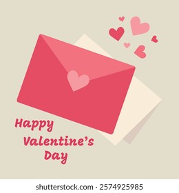 Valentines Day card of postal envelopes with love letters. Romantic letters and envelops with greeting postcards, holiday mails. Simple, minimalistic, holiday card.