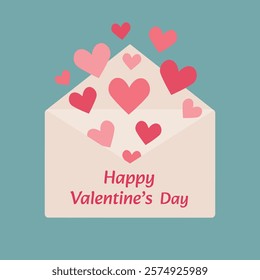 Valentines Day card of postal envelopes with love letters. Romantic letters and envelops with greeting postcards, holiday mails. Simple, minimalistic, holiday card.