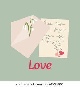 Valentines Day card of postal envelopes with love letters. Romantic letters and envelops with greeting postcards, holiday mails. Simple, minimalistic, holiday card.