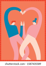 Valentines day card or poster with couple of man and women holding hands in heart. Express love and friendship illustration.