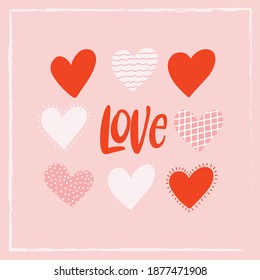 Tarjeta de San Valentín, afiche con corazones y texto. El amor y el concepto de San Valentín. Ilustraciones de moda para plantillas, tarjetas de felicitación, gráficos, afiches, pegatinas 