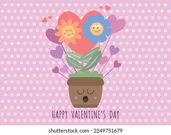 Valentine's Day card with a pot and two flowers in love and pink polka dot background for February 14