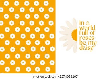 Valentines Day card with quote with yellow daisy on yellow and white background. Love card, cover, template. Vector illustration