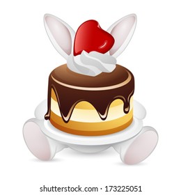 Valentine's Day Card with Rabbit and Cake on white Background