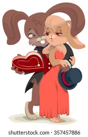 Valentines Day card. Rabbit embracing his beloved. Love gives girlfriend jewelry. Isolated illustration