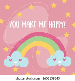 valentines day card with rainbow and clouds kawaii vector illustration design