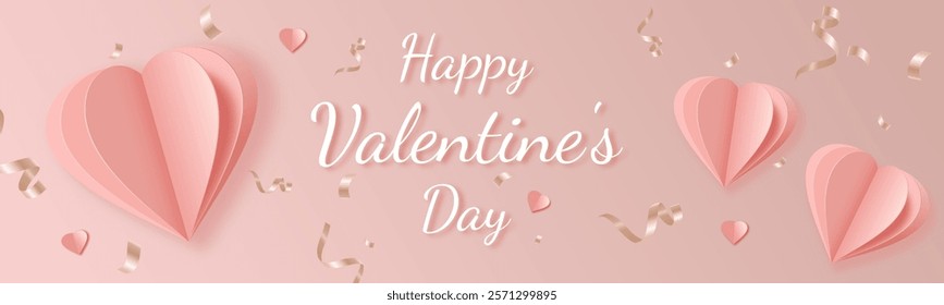 Valentine's Day card. realistic vector illustration with paper cut layered hearts on a pink gradient backdrop. elegant composition for background, greeting, invitation, banner, frame, website header
