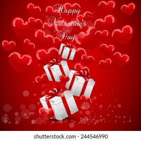 Valentines day card with red background hearts and presents.