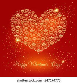 Valentine`s day card. Red background with golden hearts and glowing lights 