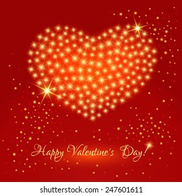 Valentine`s day card. Red background with brightly heart of the lights 