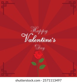 Valentine's Day Card with Red Background, Rose, and Decorative Borders