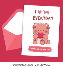 Valentines day card red envelope with cute kawaii bear character