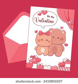 Sobre rojo de tarjeta de San Valentín con lindo personaje de pareja kawaii