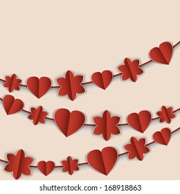 Valentine's Day card with red garlands of hearts and flowers.. Vector illustration.