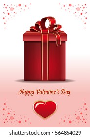 Valentine's Day card with red gift box, heart and greeting inscription. Romantic design. Vector illustration 