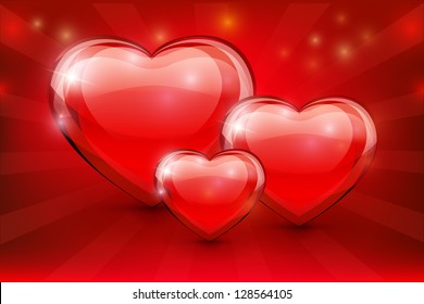 Valentine`s day card. Red glass hearts on a red background. Vector. Part of set.