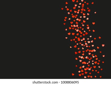 Valentines day card with red glitter hearts. February 14th. Vector confetti for valentines day card template. Grunge hand drawn texture. Love theme for voucher, special business ad, banner.