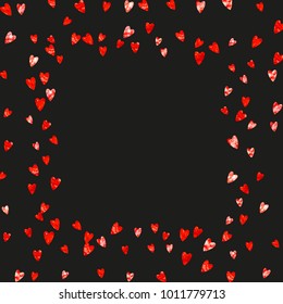Valentines day card with red glitter hearts. February 14th. Vector confetti for valentines day card template. Grunge hand drawn texture. Love theme for poster, gift certificate, banner.