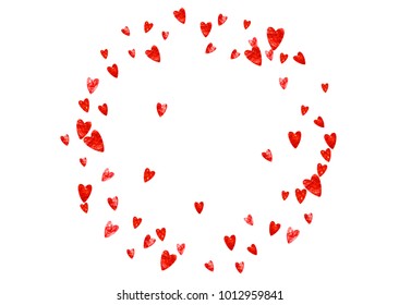 Valentines day card with red glitter hearts. February 14th. Vector confetti for valentines day card template. Grunge hand drawn texture. Love theme for voucher, special business ad, banner.