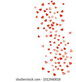 Valentines day card with red glitter hearts. February 14th. Vector confetti for valentines day card template. Grunge hand drawn texture. Love theme for flyer, special business offer, promo.