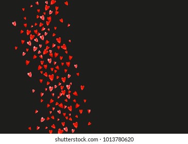Valentines day card with red glitter hearts. February 14th. Vector confetti for valentines day card template. Grunge hand drawn texture. Love theme for flyer, special business offer, promo.