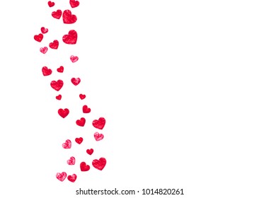 Valentines day card with red glitter hearts. February 14th. Vector confetti for valentines day card template. Grunge hand drawn texture. Love theme for voucher, special business ad, banner.