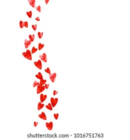 Valentines day card with red glitter hearts. February 14th. Vector confetti for valentines day card template. Grunge hand drawn texture. Love theme for gift coupons, vouchers, ads, events.