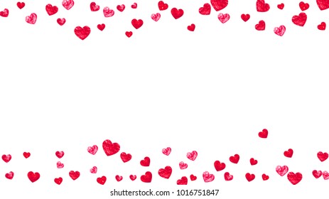 Valentines day card with red glitter hearts. February 14th. Vector confetti for valentines day card template. Grunge hand drawn texture. Love theme for flyer, special business offer, promo.