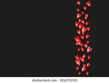 Valentines day card with red glitter hearts. February 14th. Vector confetti for valentines day card template. Grunge hand drawn texture. Love theme for voucher, special business ad, banner.