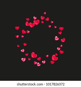 Valentines day card with red glitter hearts. February 14th. Vector confetti for valentines day card template. Grunge hand drawn texture. Love theme for gift coupons, vouchers, ads, events.